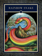 Card featuring a rainbow snake with a blue border and text at the top.