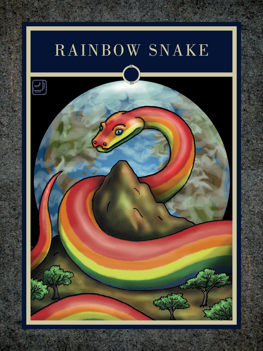 Card featuring a rainbow snake with a blue border and text at the top.