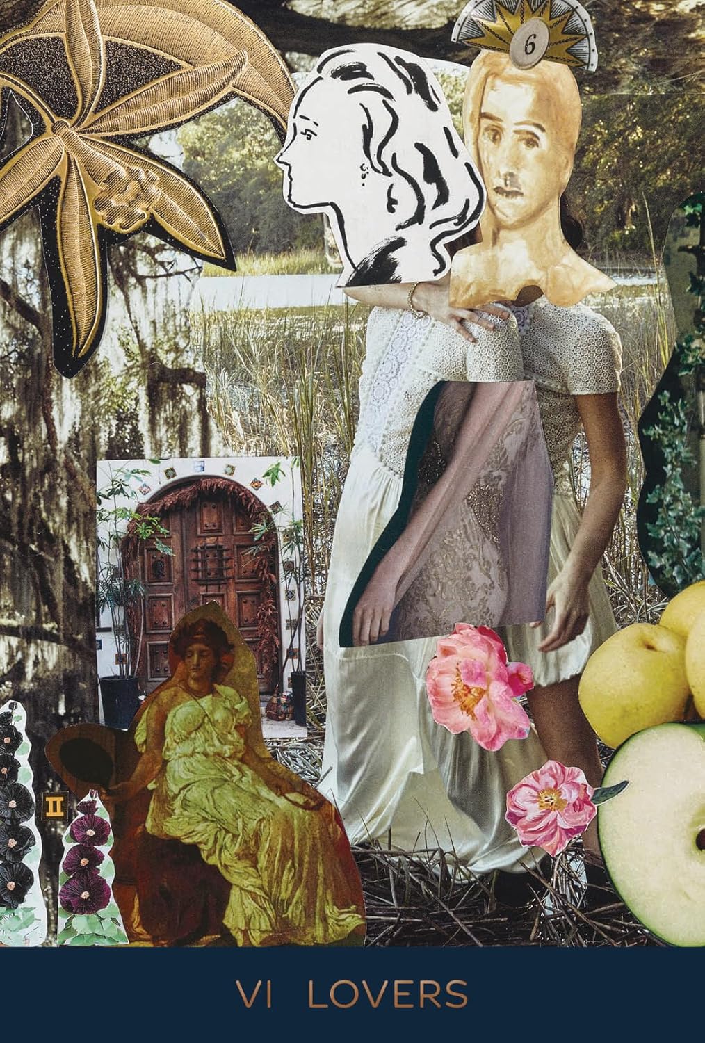 Collage with figures, flowers, and apples in a garden setting, featuring the text 'VI Lovers'.