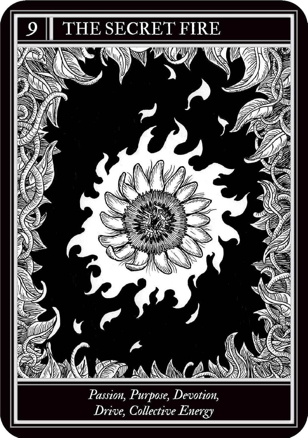 Tarot card titled 'The Secret Fire' with a black and white design on a black background.