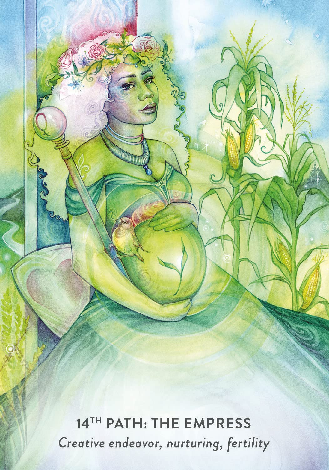 Artistic depiction of 'The Empress' from a tarot card series, featuring a woman in a green dress holding a fruit, surrounded by plants.