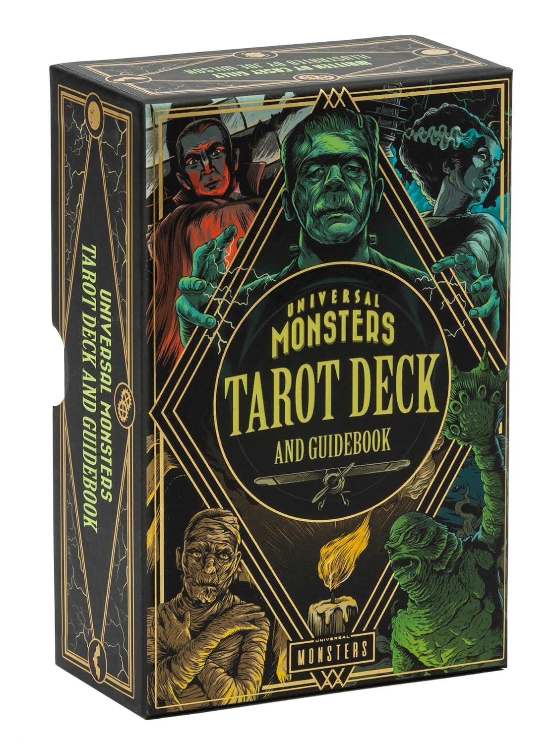Universal Monsters Tarot Deck packaging with illustrations of famous monsters on a black background.