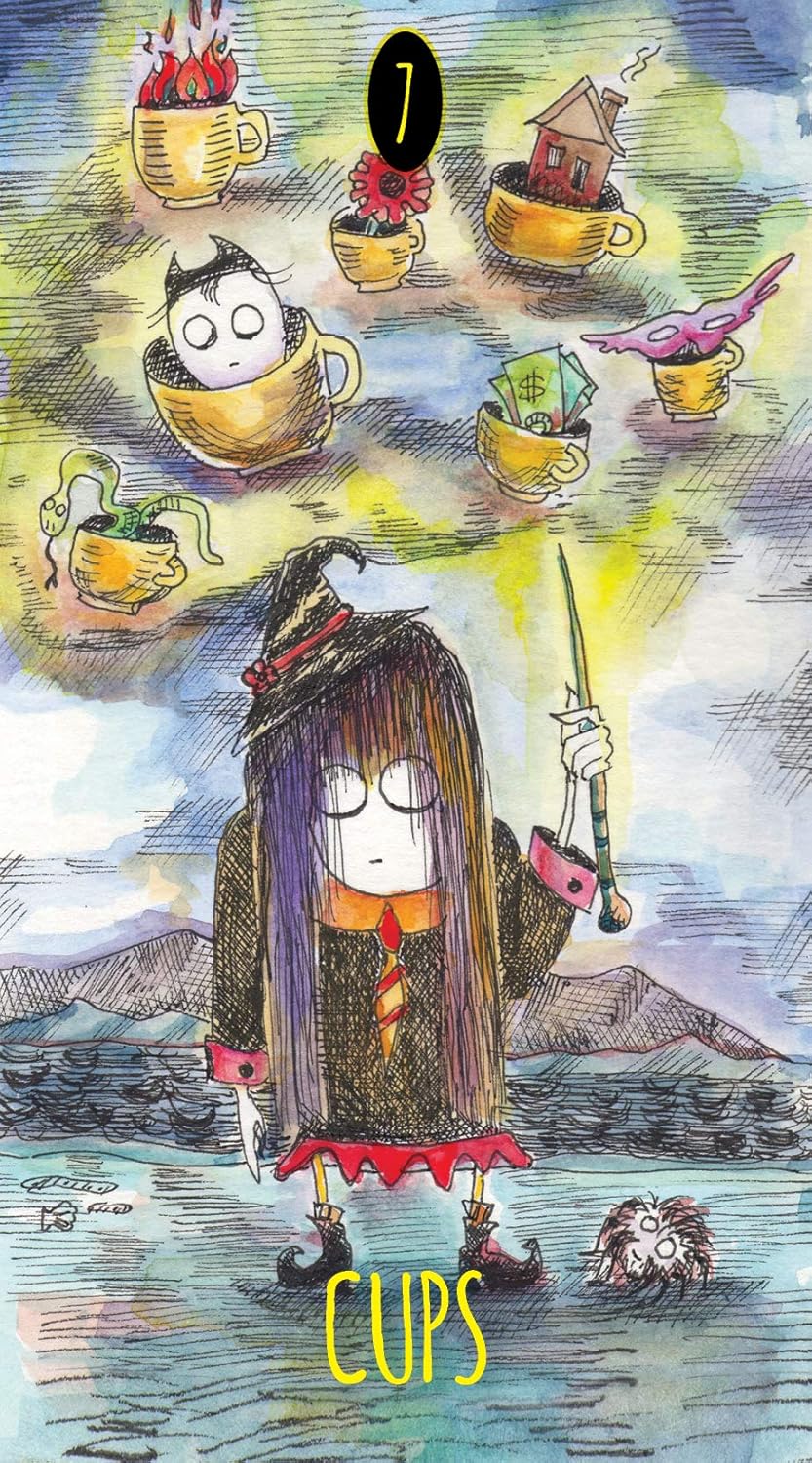 Cartoon character holding a sword with 'CUPS' text and various small illustrations above on a colorful background.