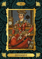 Card with a person in ornate clothing on a decorative background, labeled 'Defensive'.