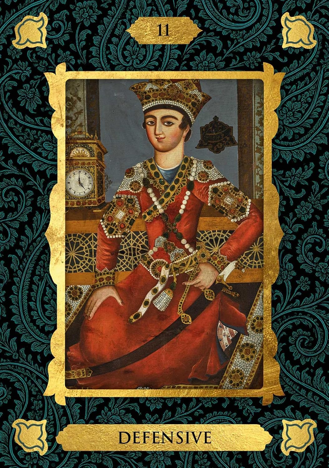 Card with a person in ornate clothing on a decorative background, labeled 'Defensive'.
