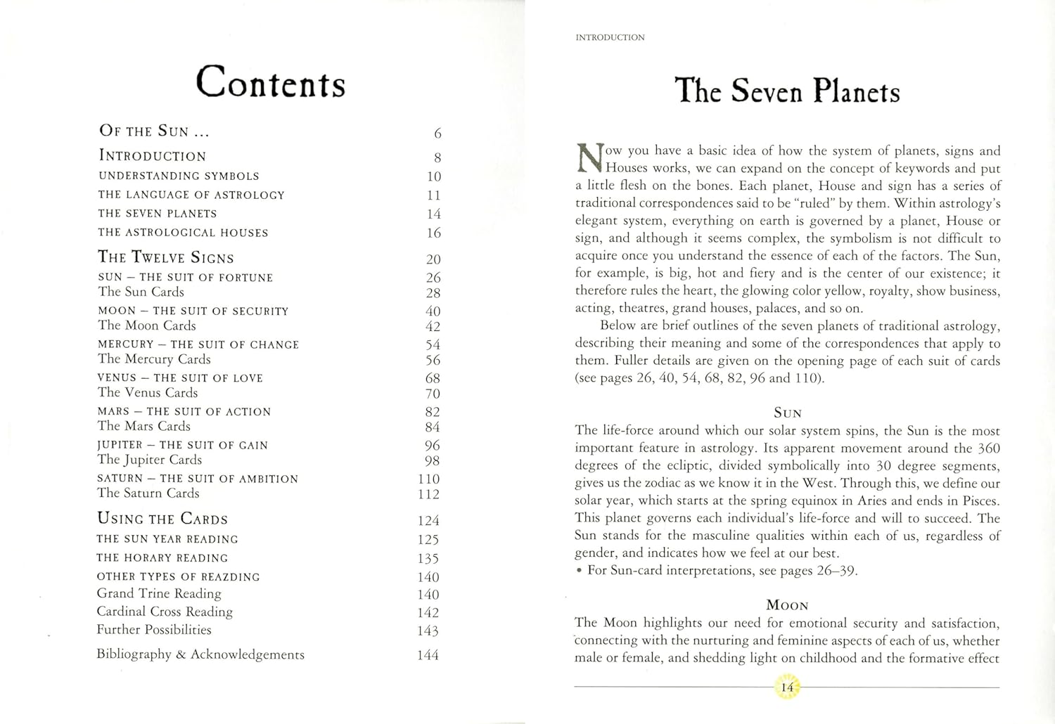 Table of contents page from a book or document about astrology, specifically focusing on the seven planets.