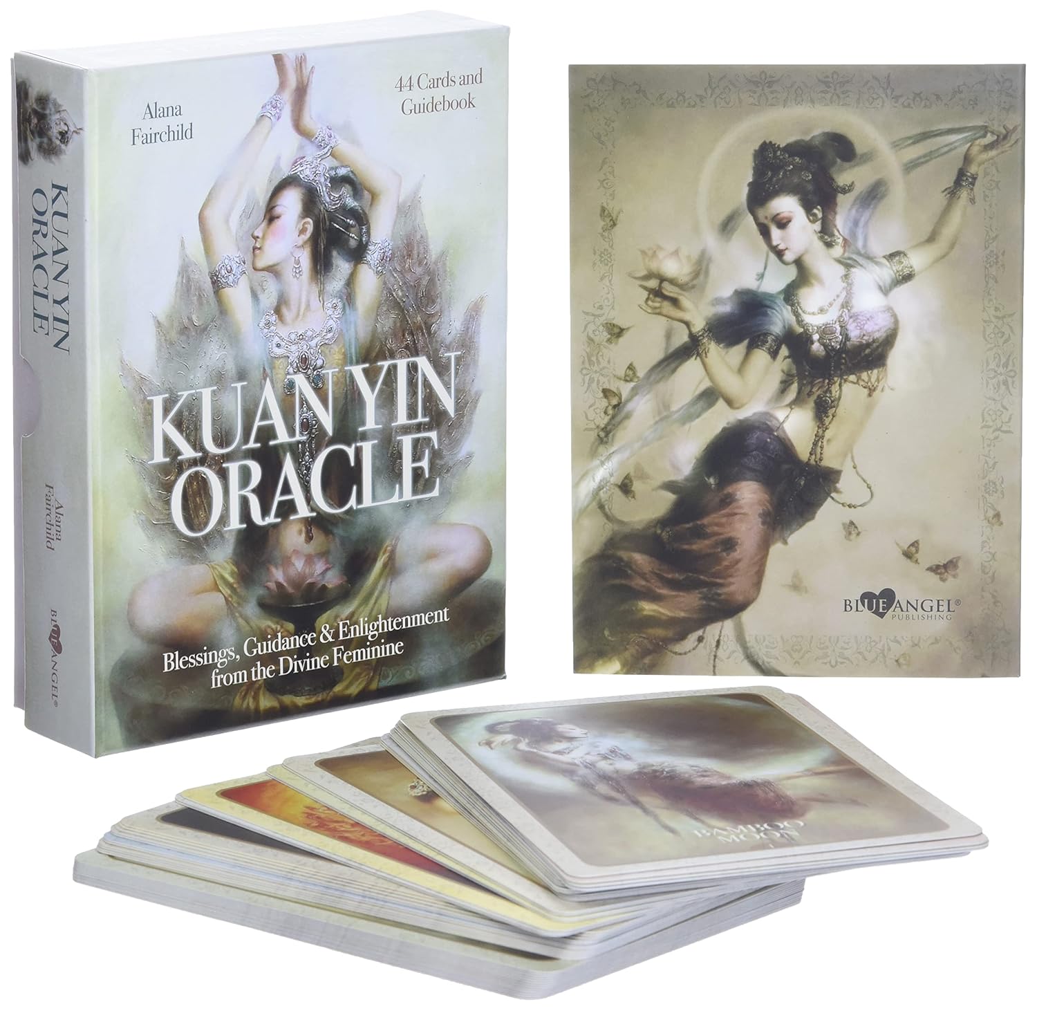 Kuan Yin Oracle card set with packaging and cards displayed.