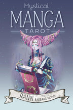 Book cover of 'Mystical Manga Tarot' with an illustrated character holding a book against a gradient background.