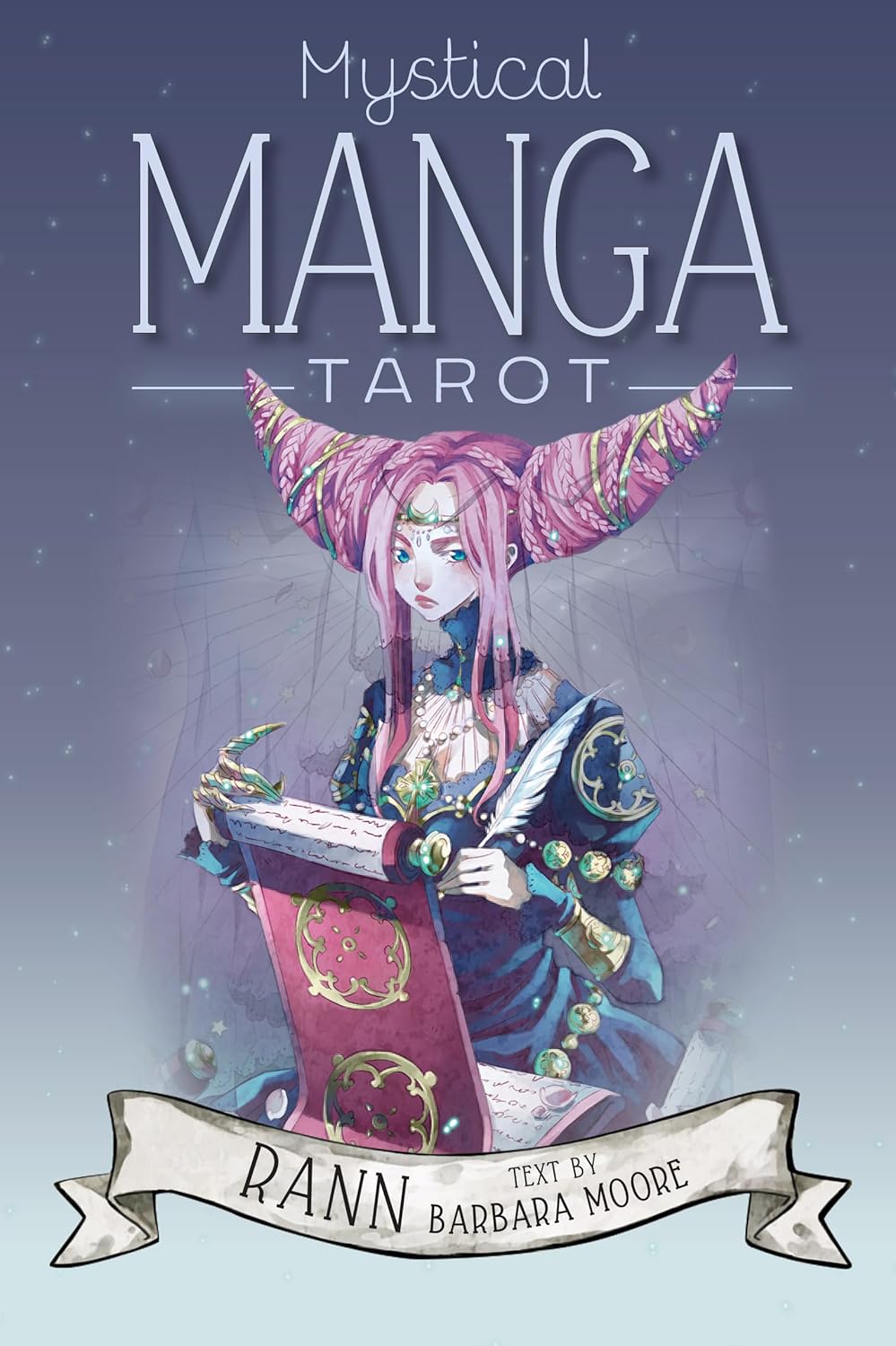 Book cover of 'Mystical Manga Tarot' with an illustrated character holding a book against a gradient background.