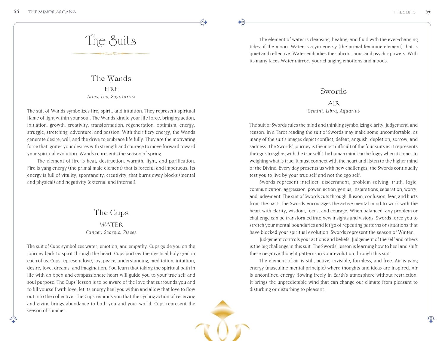 Page from a book or magazine featuring text on tarot cards, specifically the Suits section with 'The Wands' and 'The Cups'.