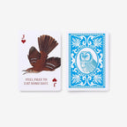 Two playing cards displayed side by side on a light gray background. The left card is a Jack of Hearts with a brown bird illustration and the text 'FEEL FREE TO EAT SOME SHIT.