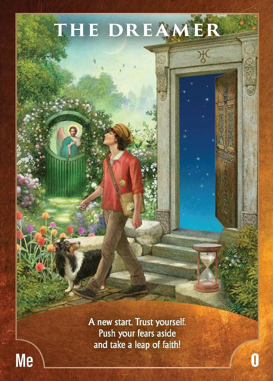 Card titled 'The Dreamer' featuring a person with a dog in a garden with an open door leading to a starry sky.