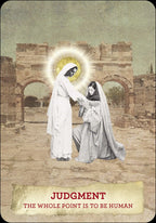Card with two figures in robes standing in front of an archway, labeled 'Judgment' with text 'The whole point is to be human'.