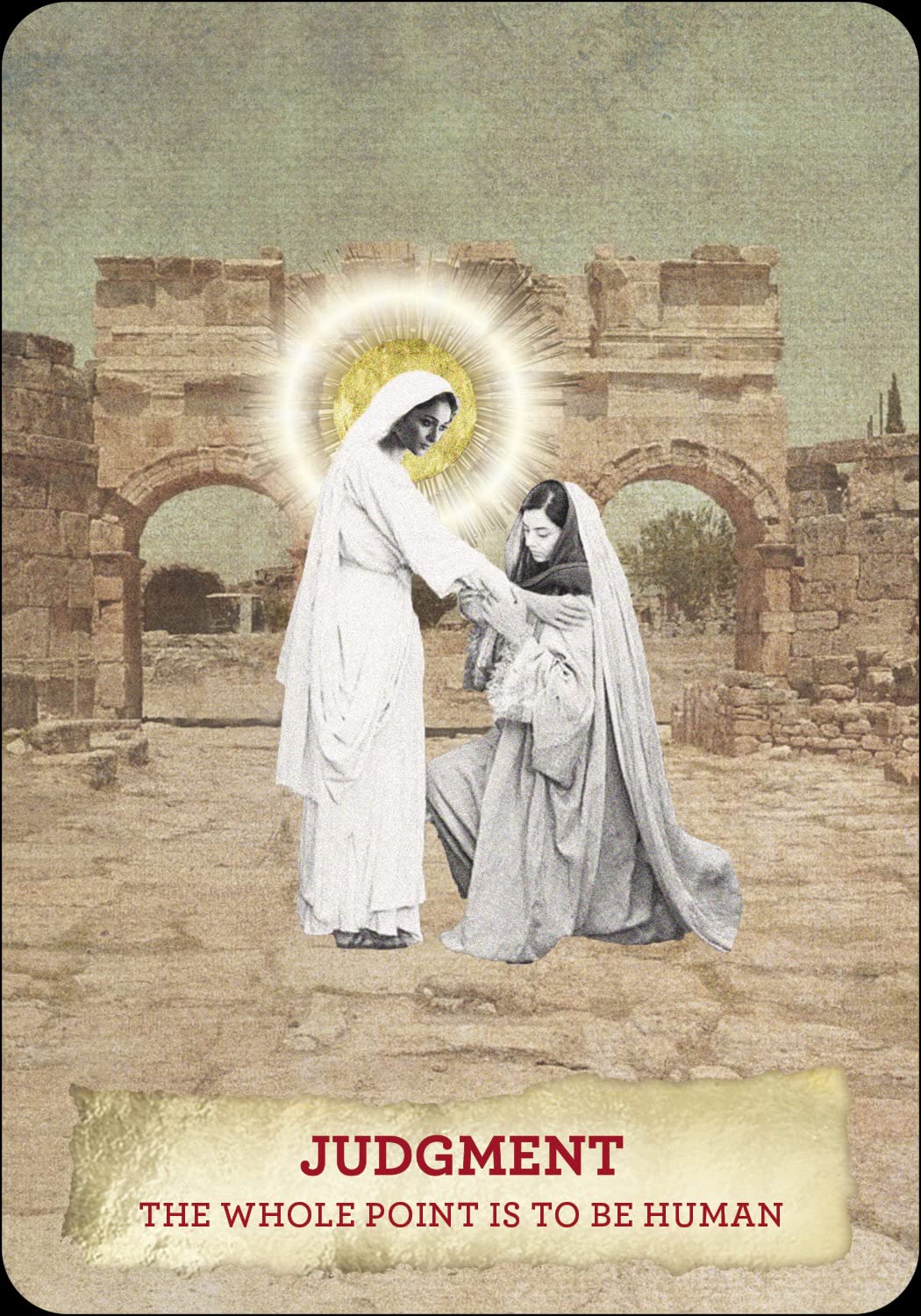 Card with two figures in robes standing in front of an archway, labeled 'Judgment' with text 'The whole point is to be human'.