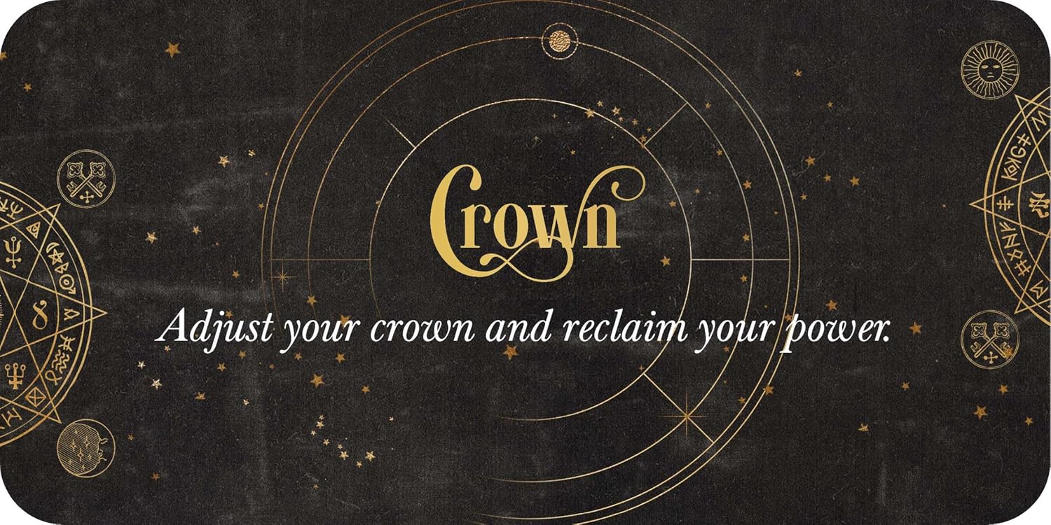 Decorative card with 'Crown' text and celestial design on a black background