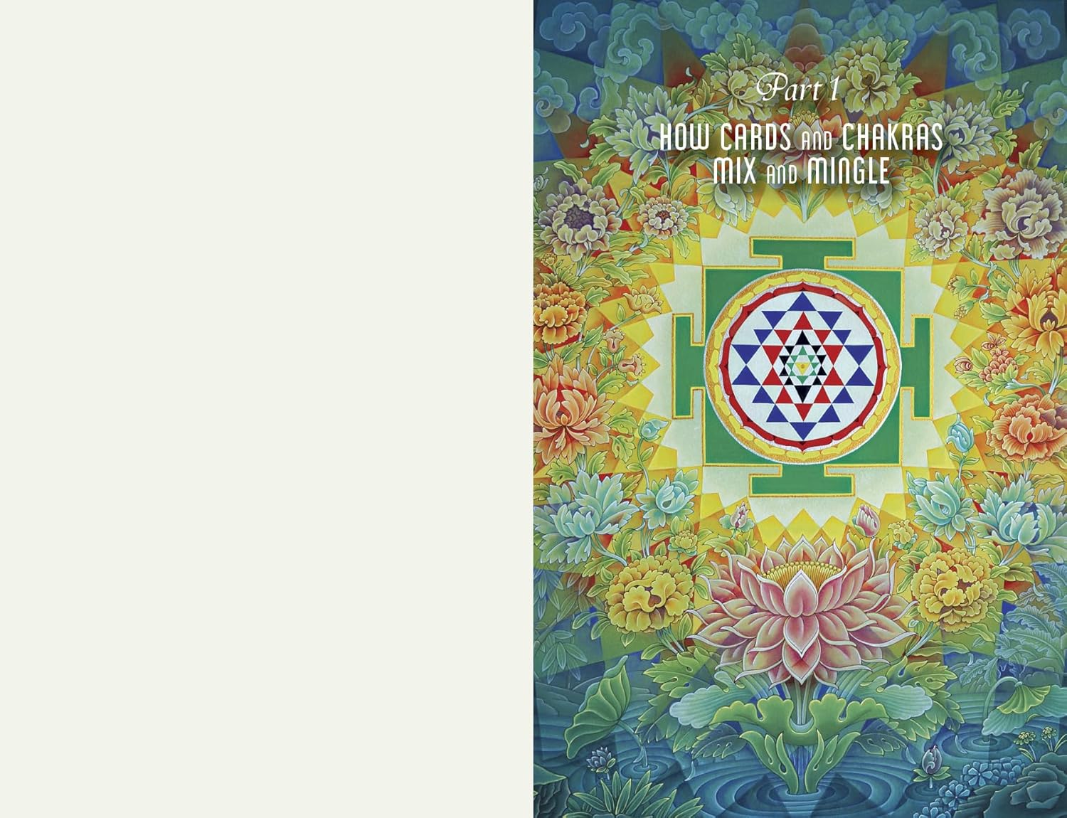 Colorful book cover with floral and mandala design, featuring text about cards and chakras.