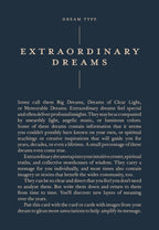 A dark navy card with cream text titled 'EXTRAORDINARY DREAMS' and a paragraph of explanatory copy under the heading 'DREAM TYPE'.