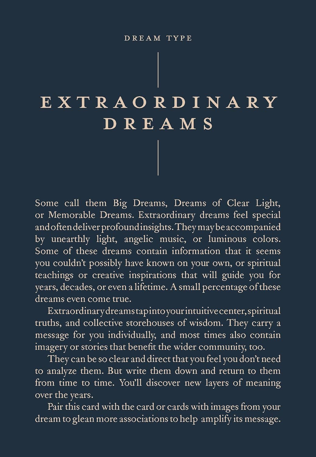 A dark navy card with cream text titled 'EXTRAORDINARY DREAMS' and a paragraph of explanatory copy under the heading 'DREAM TYPE'.