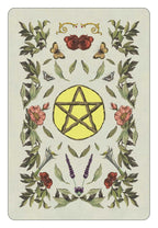 Card with a pentagram in the center, surrounded by floral and butterfly designs on a light background.
