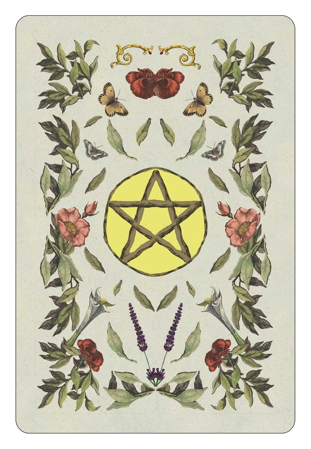 Card with a pentagram in the center, surrounded by floral and butterfly designs on a light background.