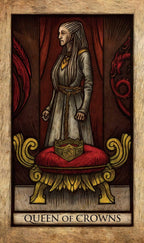 Illustration of a figure labeled 'Queen of Crowns' with a decorative frame.