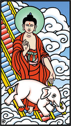 Stylized illustration of a figure in red robes with an elephant, set against a blue sky with clouds.
