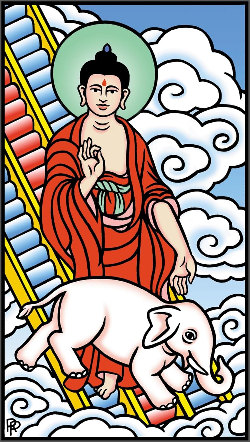 Stylized illustration of a figure in red robes with an elephant, set against a blue sky with clouds.