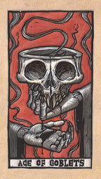 Artistic depiction of a skull holding a smoking goblet with 'Age of Goblets' text on a red and black background.