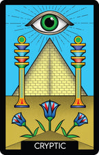Tarot card with eye over pyramid, colorful columns, and flowers, labeled 'CRYPTIC'.