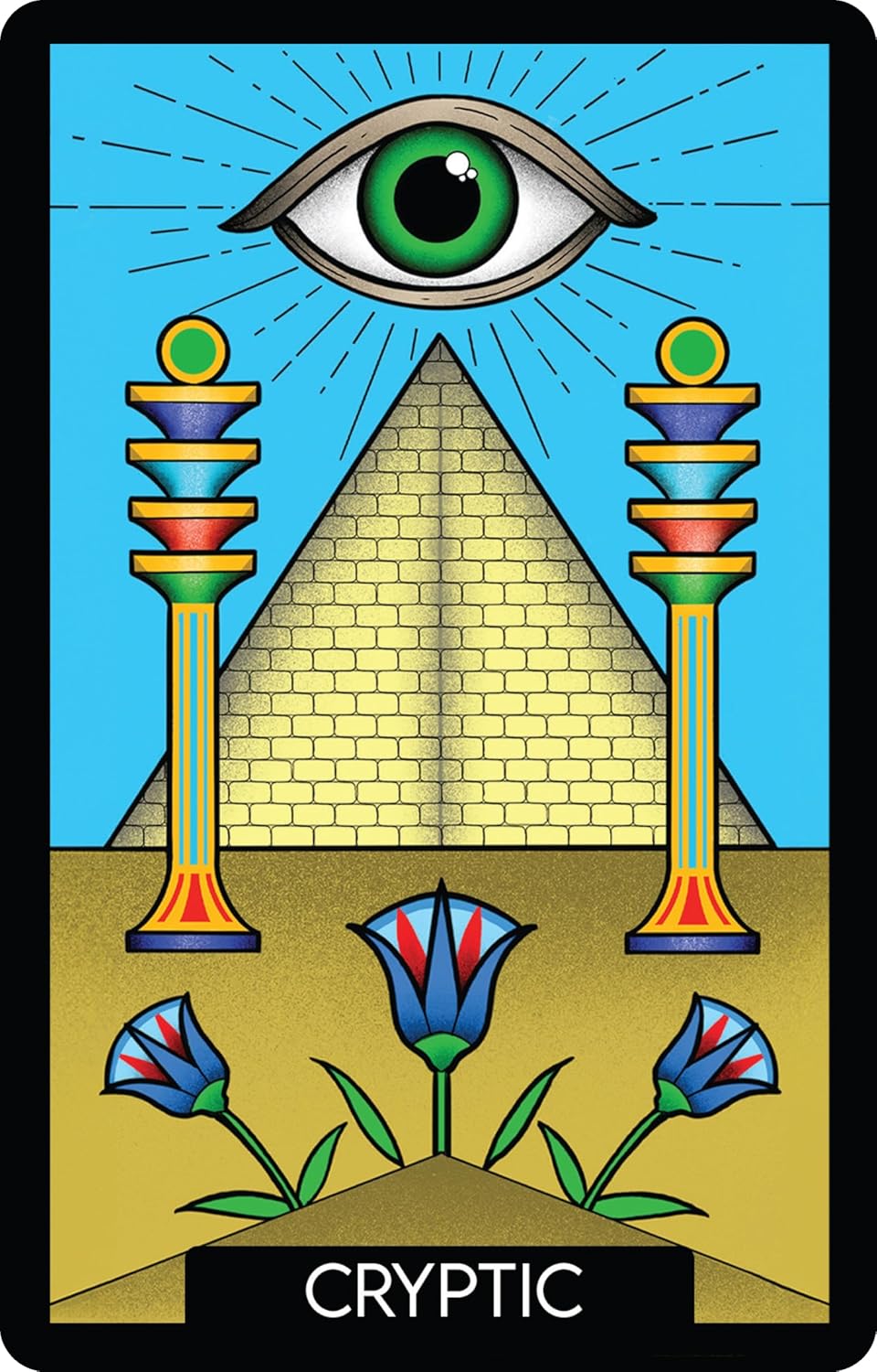 Tarot card with eye over pyramid, colorful columns, and flowers, labeled 'CRYPTIC'.