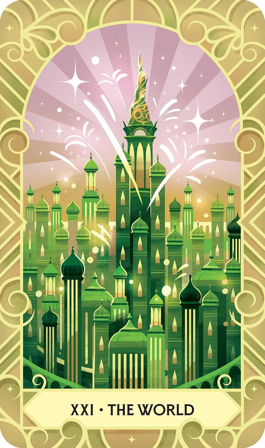 Card titled 'The World' with a green cityscape and fireworks in the background