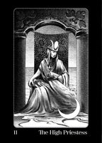 Black and white illustration of 'The High Priestess' tarot card with a woman in robes and a moon symbol.