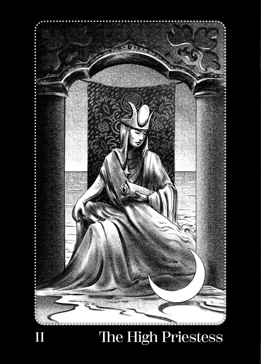 Black and white illustration of 'The High Priestess' tarot card with a woman in robes and a moon symbol.