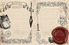 A vintage-style journal page design with lined writing area, ornate black line-art borders, a witch's broom, cat, fox, candlestick, floral motif, and a red wax seal on an aged beige paper background.
