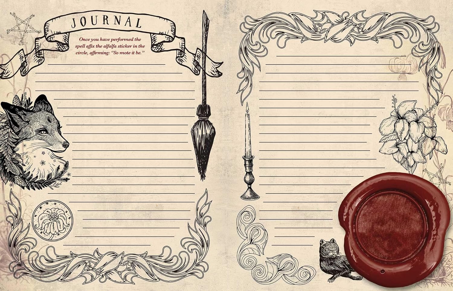 A vintage-style journal page design with lined writing area, ornate black line-art borders, a witch's broom, cat, fox, candlestick, floral motif, and a red wax seal on an aged beige paper background.