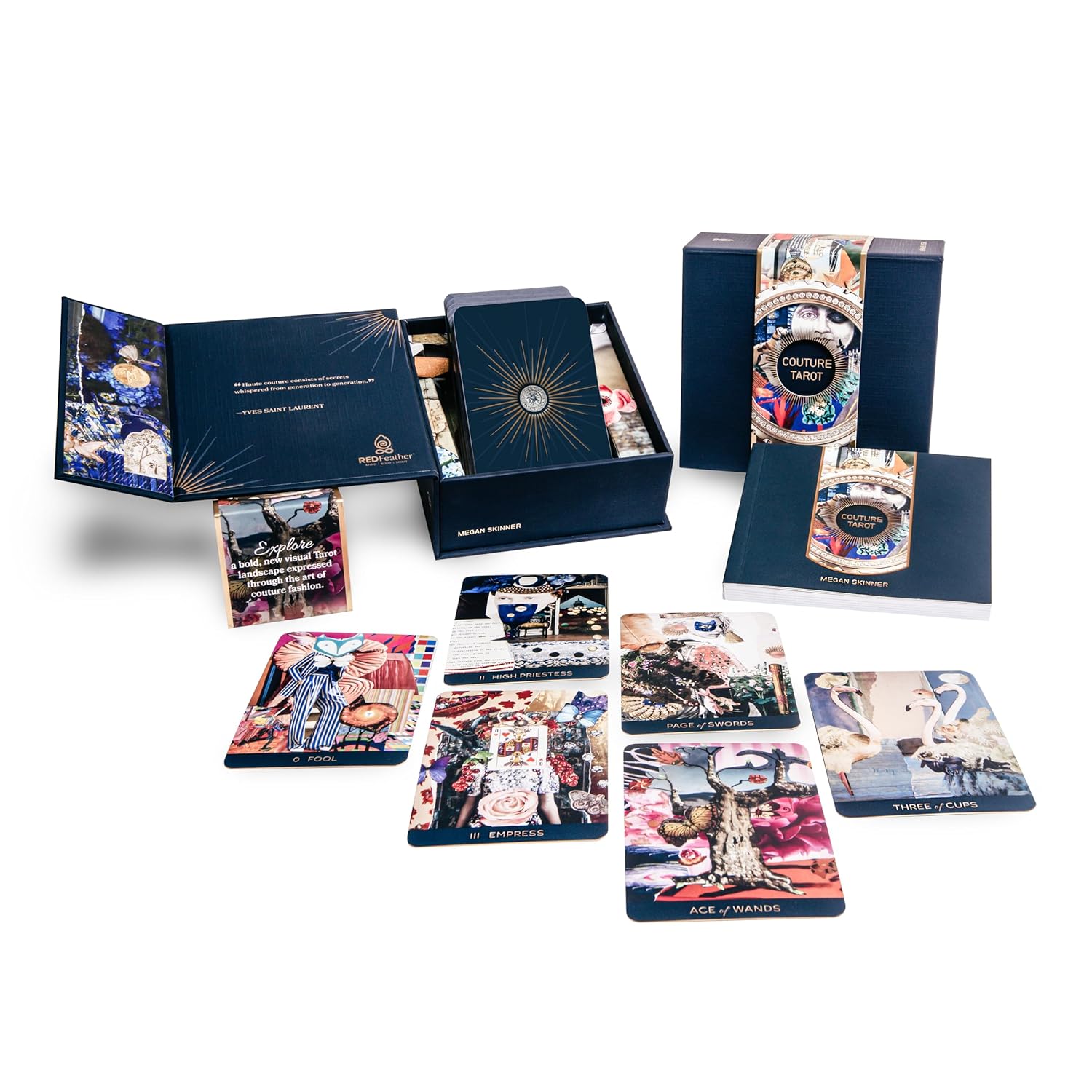 Collection of tarot cards and packaging on a white background