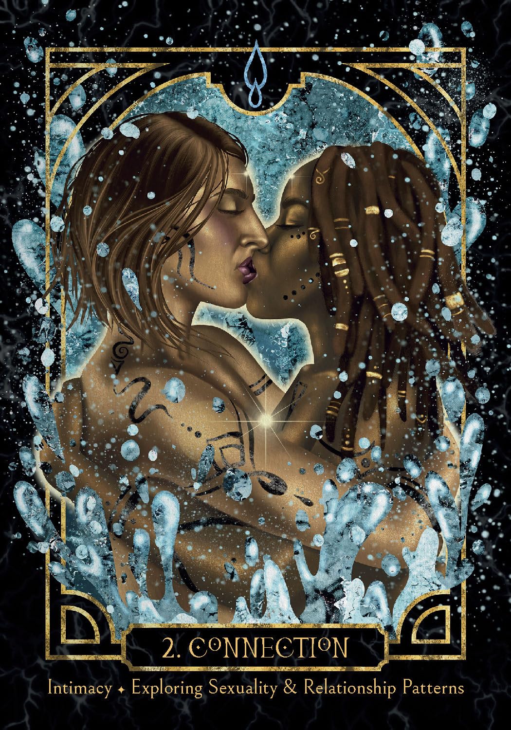 Illustration of two people kissing with a decorative border and text at the bottom.