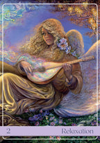 Card from a tarot deck featuring an angel playing a mandolin with a mystical background.