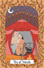 An illustrated tarot-style card titled 'Ten of Wands' showing a red tent with two nude figures inside, a crescent moon in a purple sky, and a floral border around the scene.