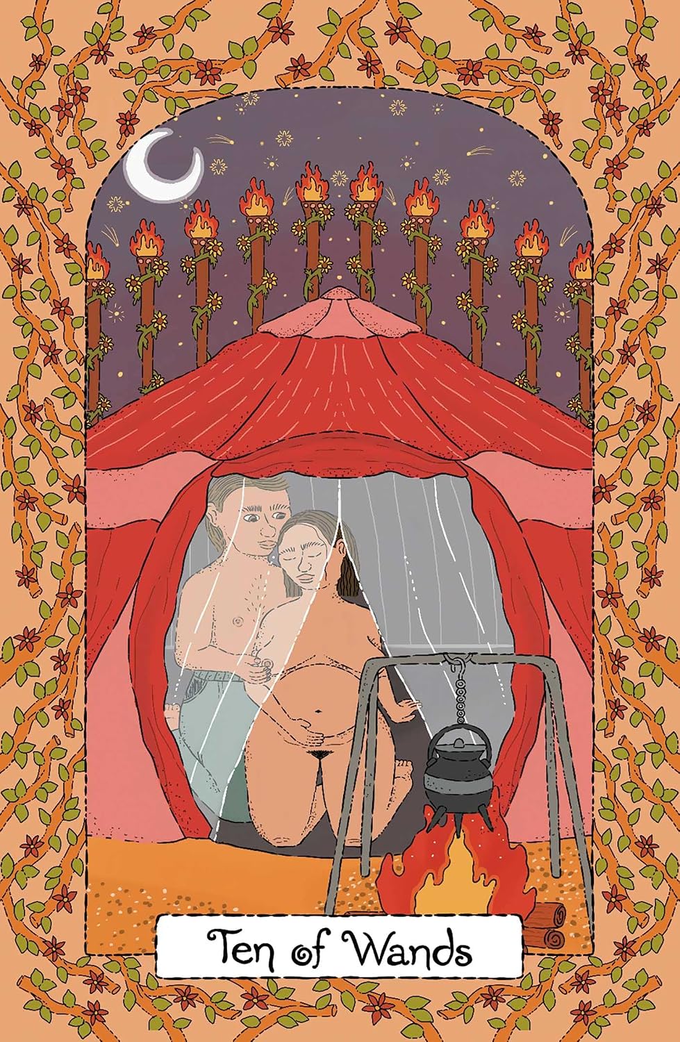 An illustrated tarot-style card titled 'Ten of Wands' showing a red tent with two nude figures inside, a crescent moon in a purple sky, and a floral border around the scene.