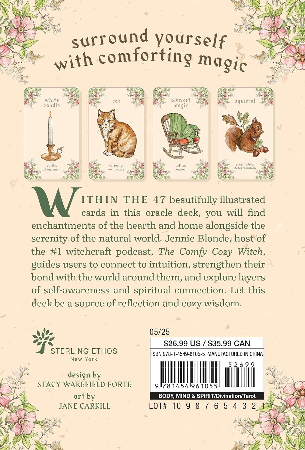 Back cover of the 'surround yourself with comforting magic' oracle deck by Sterling Ethos, featuring floral borders, illustrated card backs, a description of the 47 cards, and a barcode.