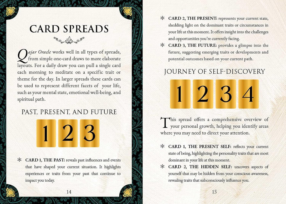 A printed card spread sheet with decorative borders, showing text titled 'CARD SPREADS' and sections labeled 'PAST, PRESENT, AND FUTURE' with numbered cards 1-4. The page is mostly off-white/cream with black text and gold decorative accents.