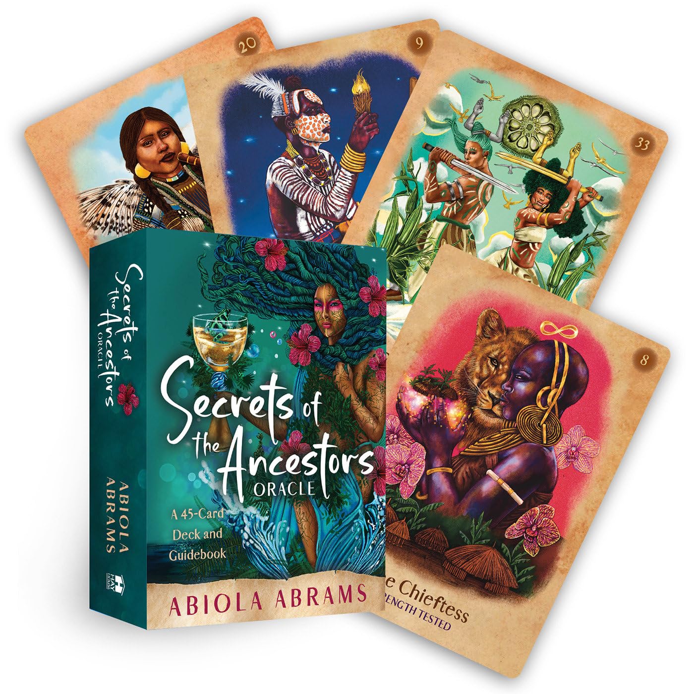 Secrets of the Ancestors Oracle cards with colorful illustrations and packaging.