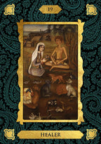 A tarot card titled 'HEALER' with the number 19, featuring a central gold-bordered illustration of a healer and a patient surrounded by animals, set against a dark teal and gold ornate patterned background.