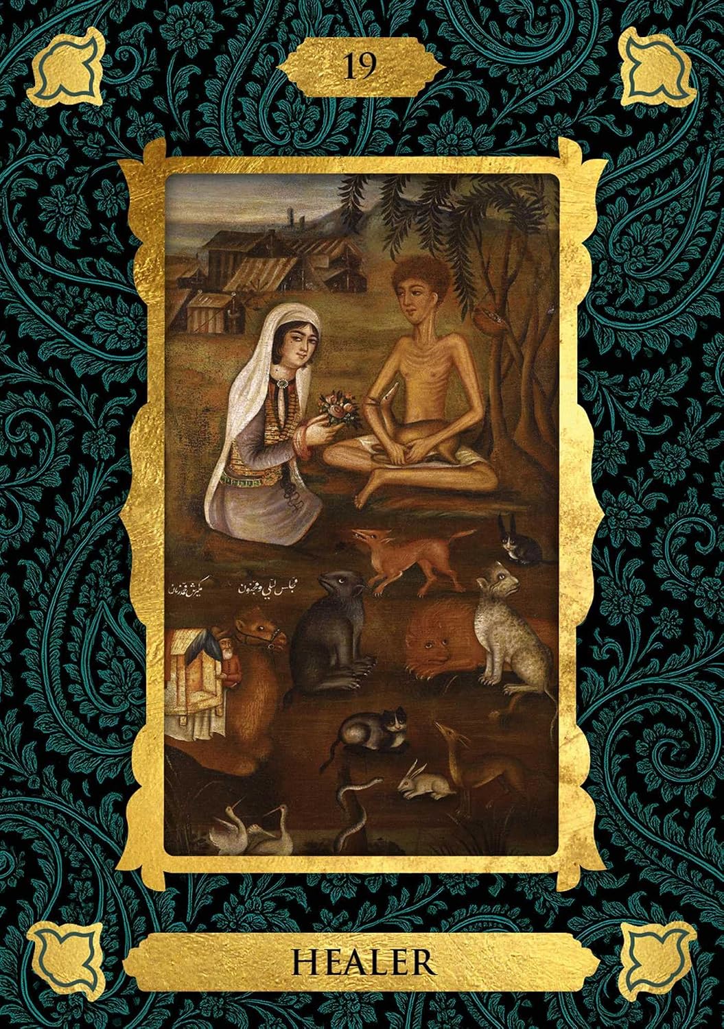 A tarot card titled 'HEALER' with the number 19, featuring a central gold-bordered illustration of a healer and a patient surrounded by animals, set against a dark teal and gold ornate patterned background.