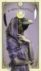 Card featuring a raven in a robe with 'The High Priestess' text on a purple background