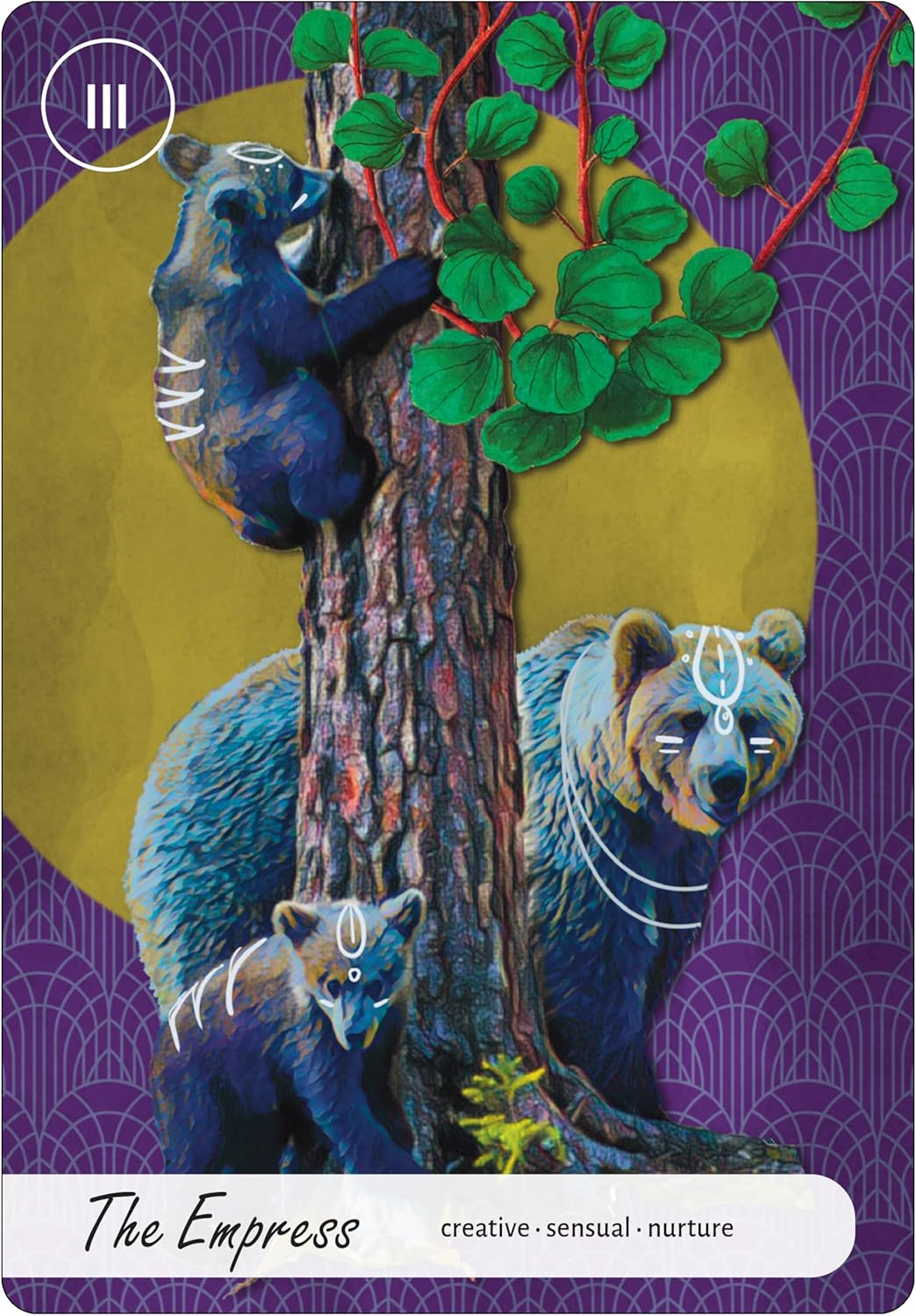 Card featuring a bear family with a tree, labeled 'The Empress' with descriptors 'creative', 'sensual', 'nurture'.