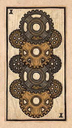 Steampunk-style card with interlocking gears on a beige background