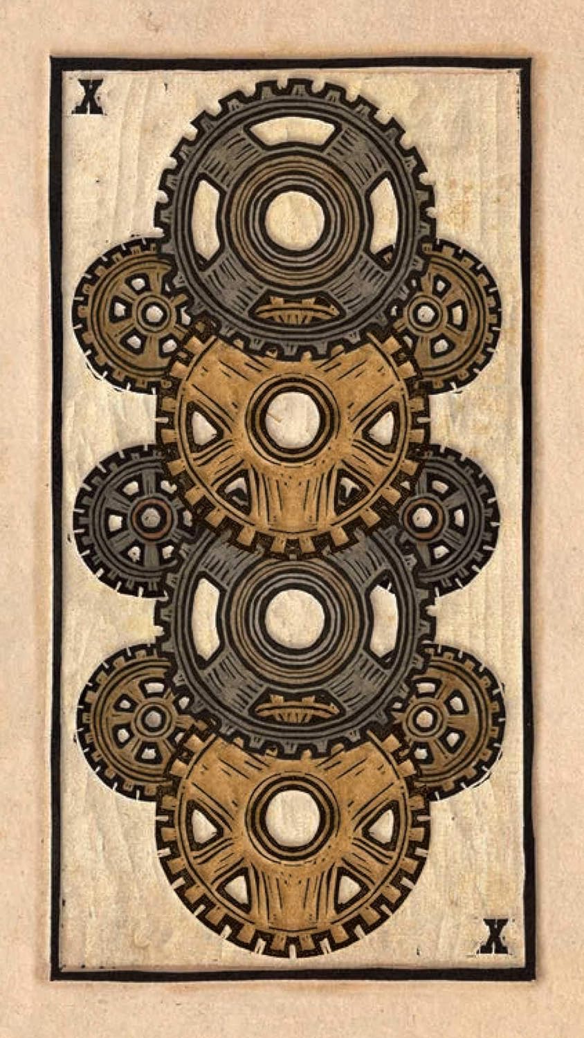 Steampunk-style card with interlocking gears on a beige background