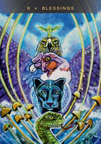 Colorful illustration of animals with a mystical design, featuring an owl, panther, and lizard, surrounded by abstract elements.